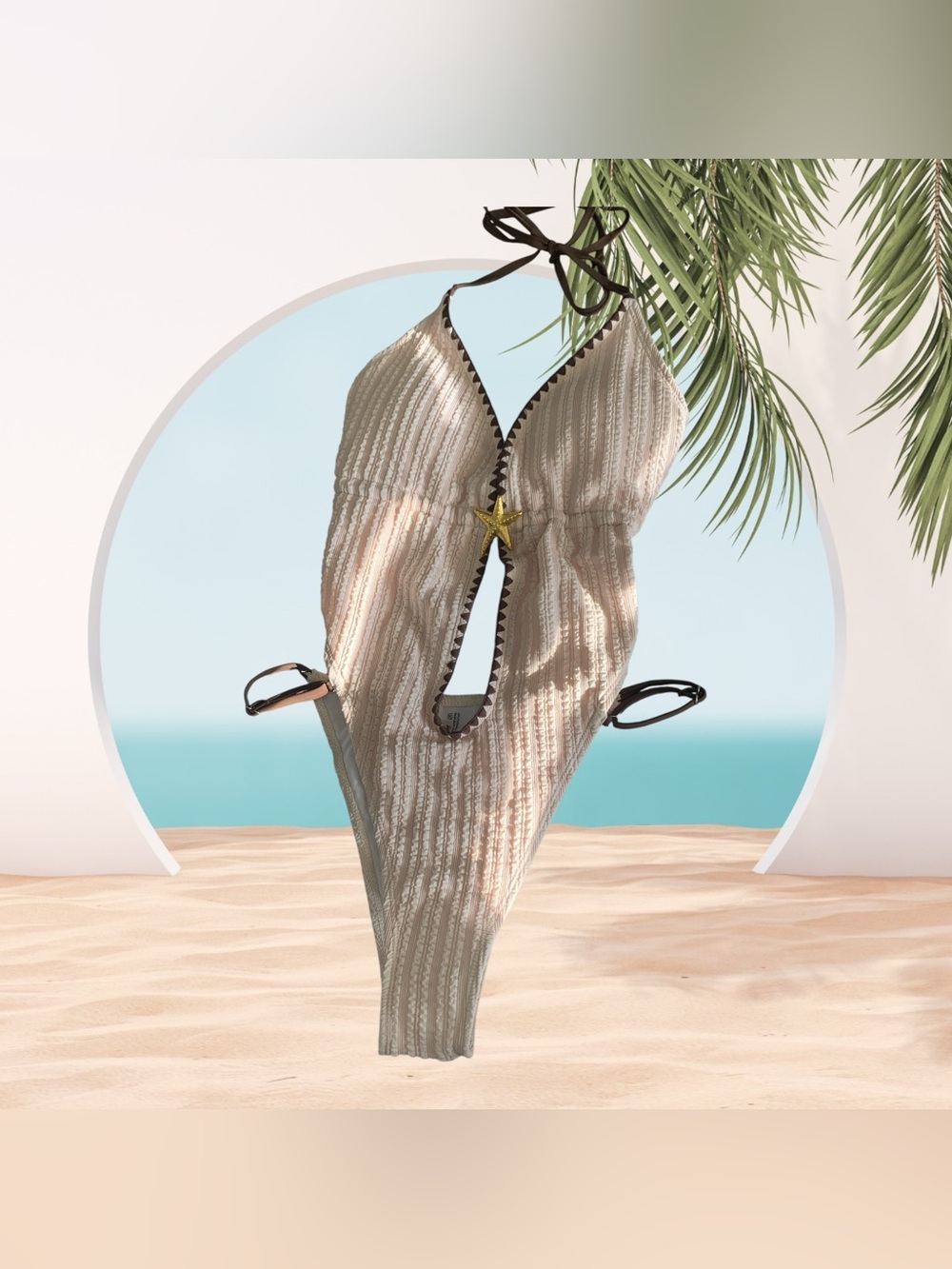 SwimVCay Cream and Brown Textured One-Piece Swimsuit with Star Accent